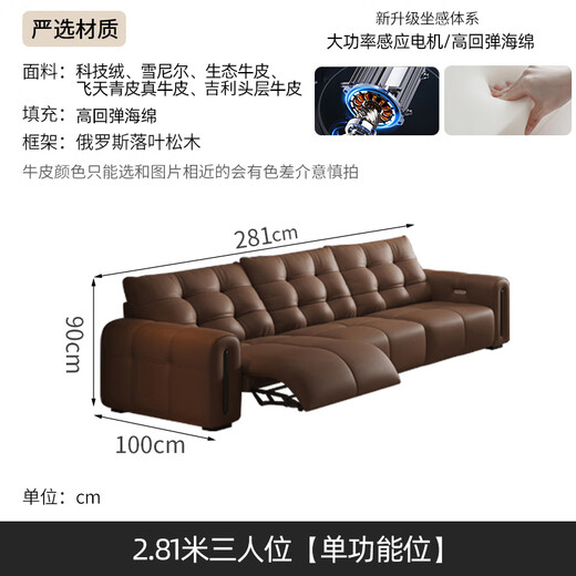 和谐都匠皮艺电动沙发客厅现代零靠墙多功能头等舱头层牛皮沙发2025新款 2.81米三人位【单功能位】 生态牛皮