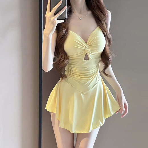 Bai Qixin swimsuit women's one-piece conservative belly-covering slimming long-sleeved sun protection blouse skirt style vacation beach hot spring 2025 Xia Xin yellow blouse two-piece set one size (recommended 70-120 Jin Jin is equal to 0.5 kg)