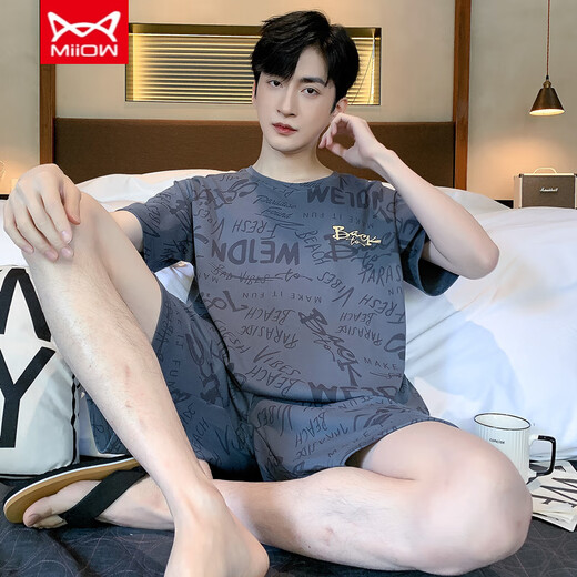 Catman (Miiow) reines Baumwollkurzarmpyjama für den Sommer-Dünnstil von Männern kann außen für Teenage Stripes Herren Home Clothes Lose Summer Style A679 L (empfohlen 115-135 Jin [Jin gleich 0,5 kg]) getragen werden.