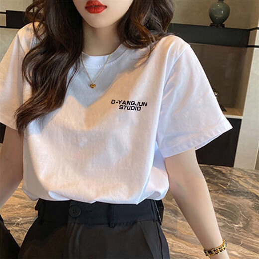 Women's student 2025 new Korean style casual loose large size student white round neck short-sleeved T-shirt women's T-shirt 1049 M