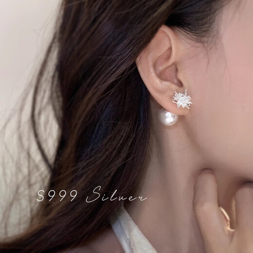 Ruihongxiang 999 Sterling Silver Earrings Fireworks Pearl Earrings Women's Light Luxury High-Quality Temperament Earrings 2025 New Hot Style Earrings 999 Sterling Silver Earrings-Back-hanging Fireworks Pearl Earrings