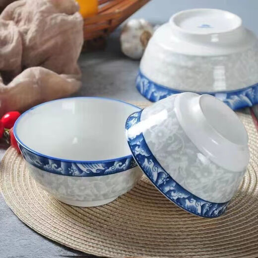 Hanpoke blue and white porcelain bowl household large bowl rice bowl bucket bowl soup bowl bucket hat bowl eating bowl instant noodle bowl noodle bowl plus 4 premium 8-inch bucket bowls