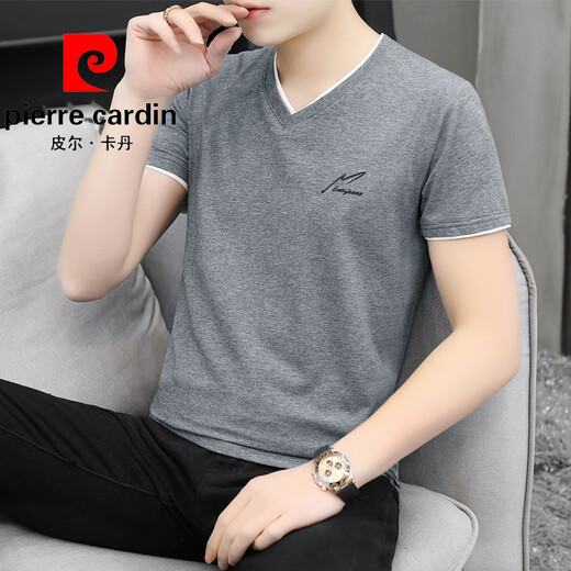 皮尔卡丹（pierre cardin）2025夏季棉质V字领短袖男t恤鸡心领潮牌休闲半截袖简约纯色上衣服 黑色 QY659 M