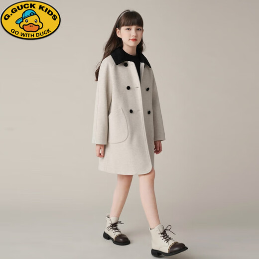 G.DUCKKIDS Wollmantel für Mädchen, Herbst und Winter 2024, Winter, neuer Wollmantel für Kinder, mittellanger, verdickter Mantel, Blumenbeige, 140 cm