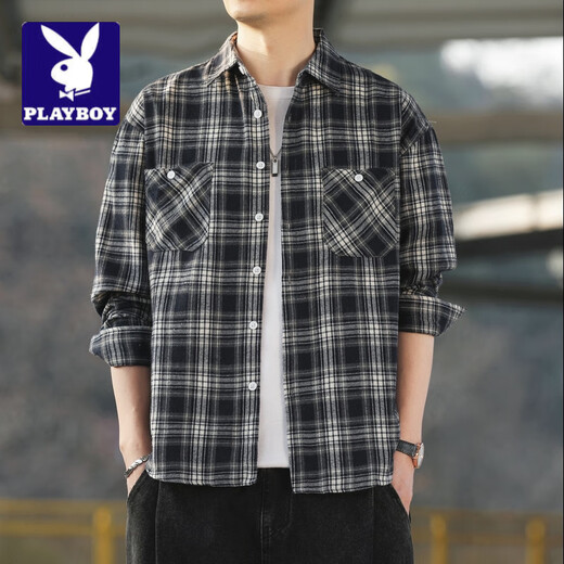 Playboy; Playboy American Retro Shirt Herren Frühlings- und Herbst -neuer Stil Komfortable lange Ärmel modische einfache und vielseitige hübsche Top -Männer K12108 Grau XL