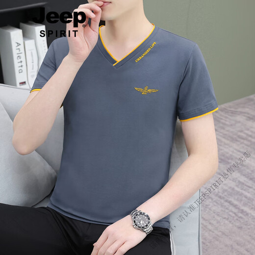 JEEP SPIRIT high quality thin white men's v-neck short-sleeved t-shirt base shirt youth top summer new pure cotton t-shirt black Q694 short sleeve M