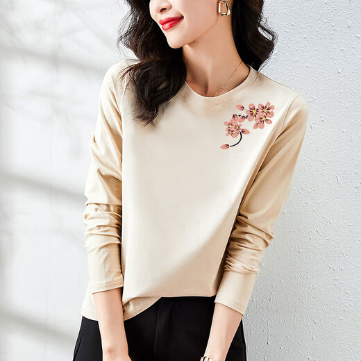 AC-Aichen Pink Long Ärmels-T-Shirt für Frauen lose altersreduzierende gut aussehende Basishemd für Frühling und Herbst 2025 Neues Top H6219 Graupulver Baumwolle Langarmed M (Empfohlen 80-105 Jin [Jin gleich 0,5 kg]))