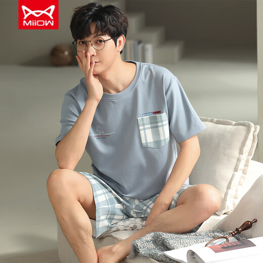 Catman (Miiow) reines Baumwollkurzarmpyjama für den Sommer-Dünnstil von Männern kann außen für Teenage Stripes Herren Home Clothes Lose Summer Style A679 L (empfohlen 115-135 Jin [Jin gleich 0,5 kg]) getragen werden.