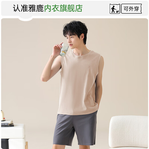 雅鹿睡衣男士纯棉夏季薄款背心无袖短袖套装亲肤透气柔软舒适家居服 13657男 L