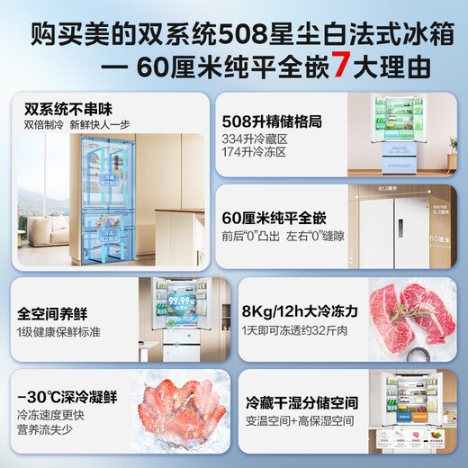 Midea Zhenxiang Series M60 dual system 508 French multi-door four-door household refrigerator ultra-thin flat-mounted double cycle large capacity bottom cooling BCD-508WUFPZM (E) Stardust White