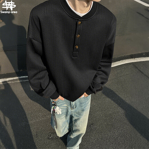 SWAMP AREA Henry collar textured long-sleeved T-shirt for men in spring and autumn layered inner layering shirt SWT607 black XL