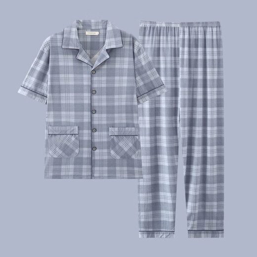 QLTQZQ Herren Pyjamas Herren kurzärmeliger Sommer Dünne Baumwolle Teenager Pyjamas Herren Plus Size Frühling und Sommerkleidung G3884 Blau (kurzärmelig) 175 l [Empfohlen 100-120 Jin [Jin gleich 0,5 kg]]