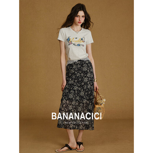 Banana CICI 2025 Été Nouveau American Retro Old Casual Versatile Imprimé Cou Rond T-shirt à manches courtes C252TX684 Gray M
