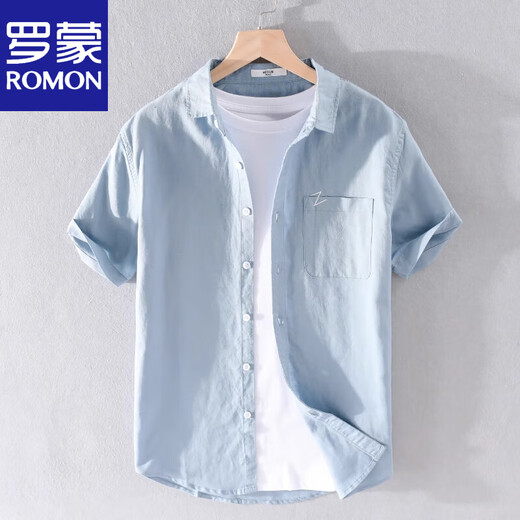 Romon-Männer-Leinen kurzärärmiges Hemd Japan japanische dünne Sommerjugendliche Festkörper-Cotton-Wäsche-Hemd 9711 Yellow L 115jin [Jin gleich 0,5 kg]