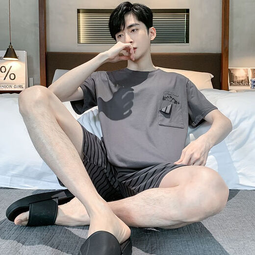 慕枫晴男士睡衣男夏棉质加肥加大码中年家居服夏短袖短裤青年薄半袖 9928 短-袖短裤 L 【建议95-125斤】