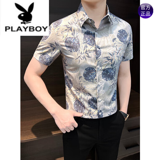 Playboy (Playboy) Мужская цветочная рубашка с коротким рукавом летняя мужская одежда 2025 Новая летняя ледяная шелковая психическая психическая печатная цветочная рубашка Men Blue 9885 M [Предлагается 115JIN [JIN равно 0,5 кг]]]