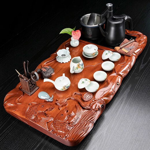 Ai Yingjia tea tray solid wood rosewood hand-carved high-end tea set set Chinese retro Kung Fu tea table with water boiler rosewood fish every year 100cmA6-Wanhua Jinxiu