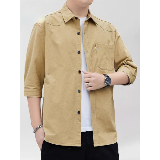 Kooshi Luxus reines Baumwoll-Kurzärmel-Hemd Herren Sommer 500-7-viertel-Ärmel Arbeit Top Casual halbärmelige Hemdjacke Herren Q6626 Khaki M [90-110jin [Jin gleich 0,5 kg]]]