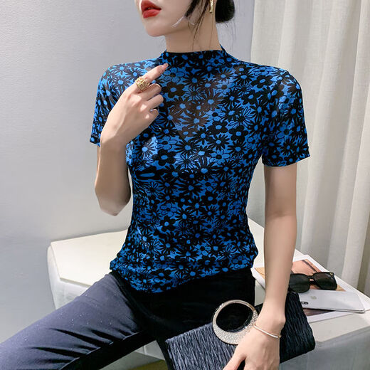 
DRYWORLD2025 summer high-end new fashion half turtleneck mesh printed T-shirt slim base shirt top for women off-white [fashionable and versatile 3878-5] M