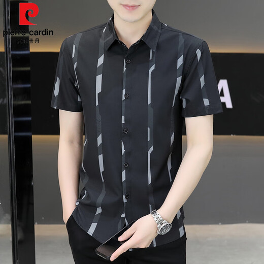 皮尔卡丹（pierre cardin）新款2025夏季男士短袖衬衫潮流痞帅气感冰丝衬衫薄款凉爽衬衣 7027黑色 M 90-110斤
