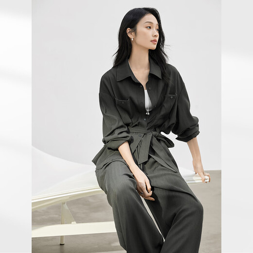Diálogo Retro Traje de camisa suelta para mujeres 2025 Camisa de lino Outumn Nuevo pantalones de patas anchas Slack Set de dos piezas Green M