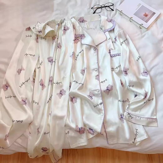 Mobeihai French Pyjamas Frauen langärmelige Eisseidenquelle und Herbst Dünne Heimkleidung 2025 Neue Temperamenthose Anzug B693 Schwarzer Welpe L Größe 100-120jin [Jin ist 0,5 kg]