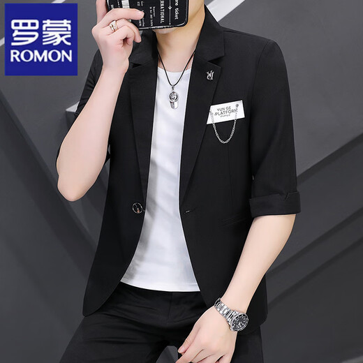 罗蒙（ROMON）小西装男修身英伦风西服男士七分袖外套夏季薄款中袖潮流韩版上衣 869黑色 3XL