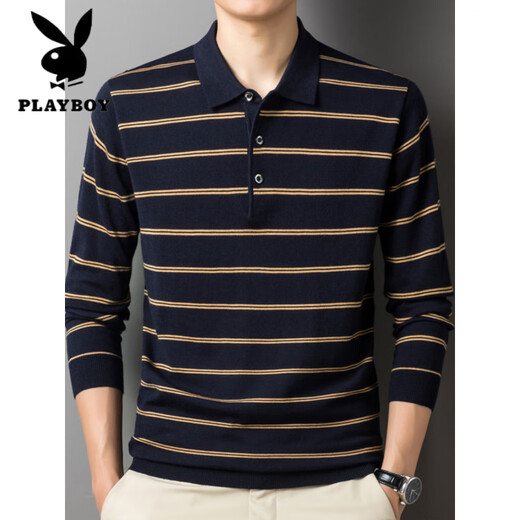 
Playboy (PLAYBOY) high-end men's daddy suit autumn and winter sweater knitted shirt polo lapel cardigan retro striped top dark green S5012 M (120Jin [Jin equals 0.5 kg])