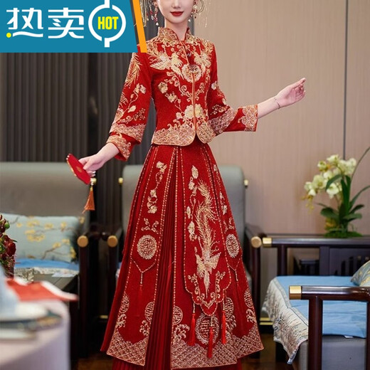 
Shantoulin Village Wedding Dress, Phoenix Crown, Greet, Xiuhe Clothing Bride 2025 Summer Chinese Large Size Wedding Dress Wedding Dress Small Man Return to My Mother Heyun Diamondless Heavy Industry Edition + Six Floating Tablets (No Headdress) M