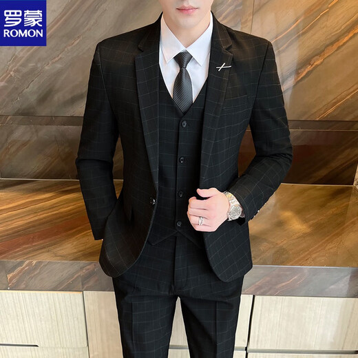 罗蒙（ROMON）格子西服套装男新郎结婚西装三件套伴郎礼服修身韩版休闲正装外套 深灰【西服+马甲+裤子+衬衫】+领 L （108~120斤）
