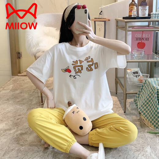 猫人（MiiOW）春秋睡衣女夏季薄款纯棉短袖长裤两件套装宽松全棉休闲女士家居服 SSM-6625 XL 【115-140斤】
