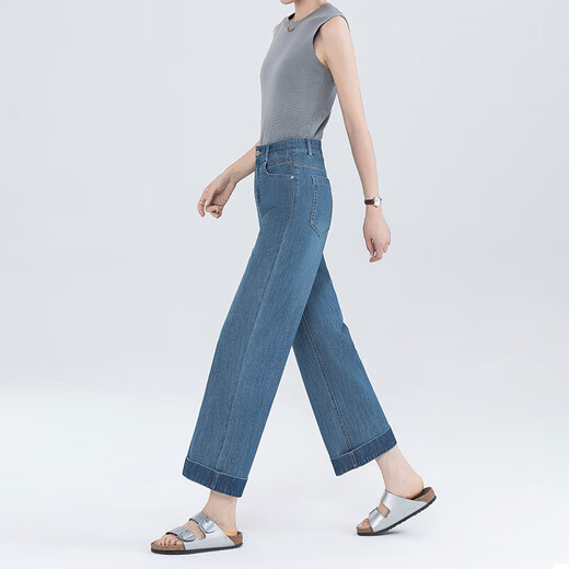 Tennis nine-point straight jeans for women in summer new casual pants, small loose and slim high waist wide-leg pants blue thin 2XL