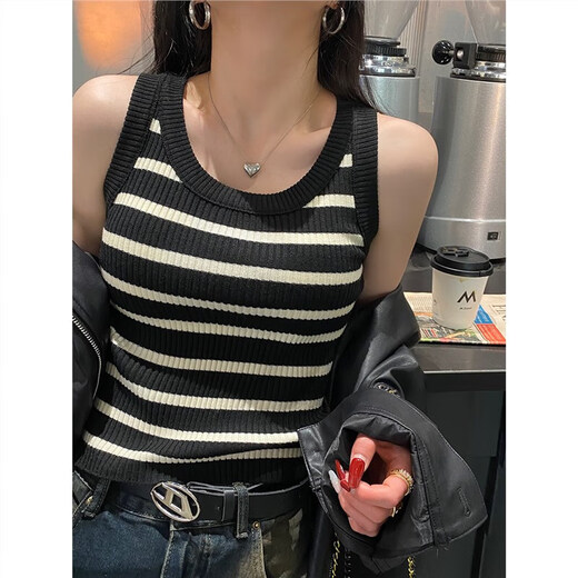 条纹背心女内搭2025新款遮副乳打底针织上衣夏外穿法式无袖小吊带 杏色条纹 均码 （80-130斤）
