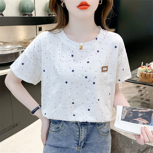 Qianfansi reines Baumwolldruck-T-Shirt für Kurzleiste für Frauen für Kurzleiste für 2025 Neue losen Druckdesign VERSATILE T-SHIRT TOP Trend 5009# Purple S für 80-99Jin [Jin entspricht 0,5 kg]