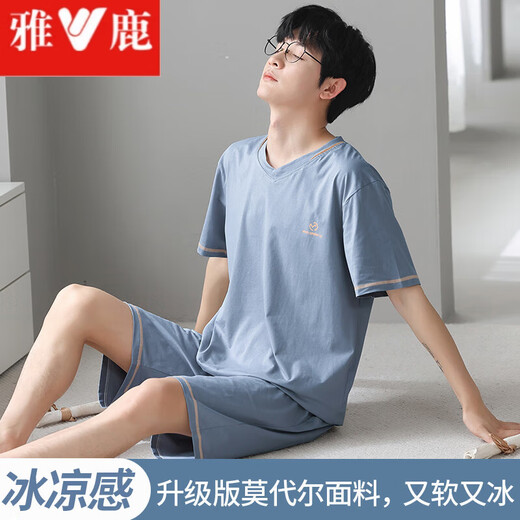 雅鹿睡衣男家居服短袖短裤夏薄款青少年男士莫代尔家居服套装可外穿出 3519凉感莫代尔 L [80-100斤]