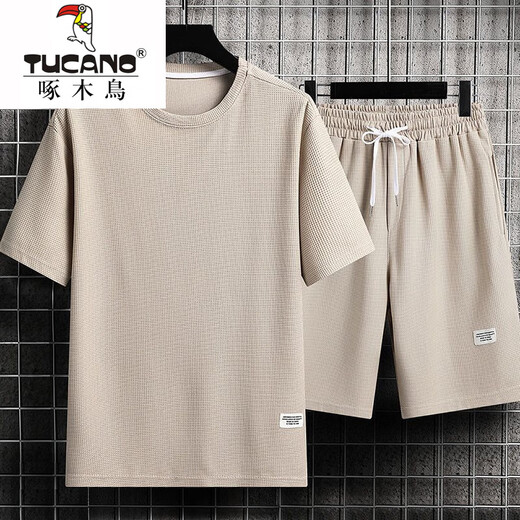 
Woodpecker Men's Summer Suit Teen Short Sleeve T-shirt Thin Ice Silk Two-Piece Set Casual Sportswear Five-Critical Shorts Pants [Set] 829 Gray L Recommended 110-130Jin [Jin equals 0.5 kg]