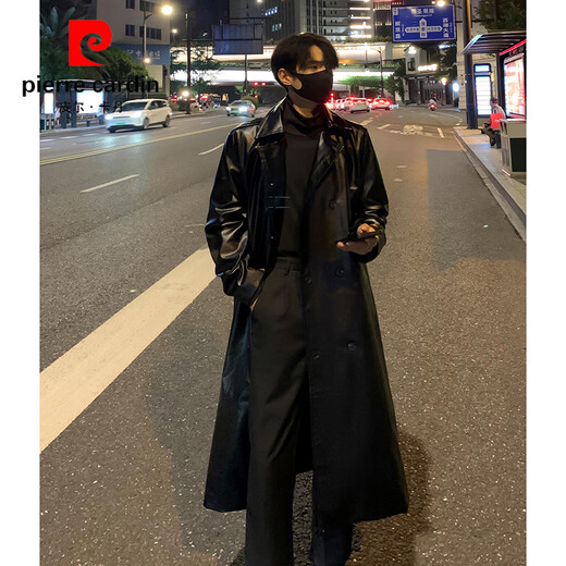 Pierre Cardin Maillard wears pu leather windbreaker men's handsome high-end double-breasted coat mid-length over-the-knee waisted coat black S