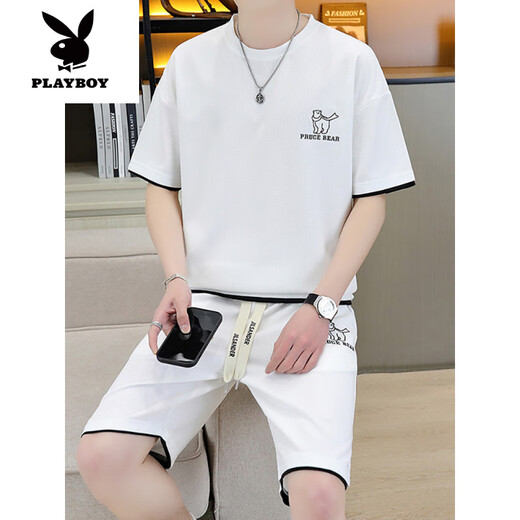 花花公子（PLAYBOY）高端休闲运动套装男士夏季短袖短裤搭配透气T恤男款夏款青少年 【套装】6182白色 M (建议95-115斤)