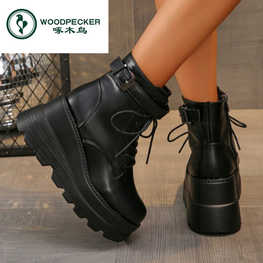 
Woodpecker plus size Martin boots 2025 autumn and winter new European and American square head side zipper wedge casual fashion boots black 38