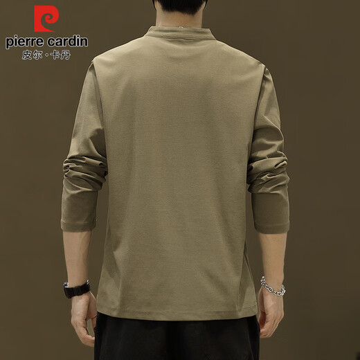 Pierre Cardin long-sleeved T-shirt men's autumn retro trend Henry collar high-end sweatshirt bottoming shirt men's khaki 2XL