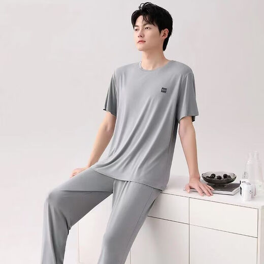 Yalu Pyjamas Herren Sommer kurzärmelige Hosen Hauskleidung Dünne Eis Seide Kühl einfacher Anzug modal kurzärmelig + Hosen 2677 L Empfohlen 100-120