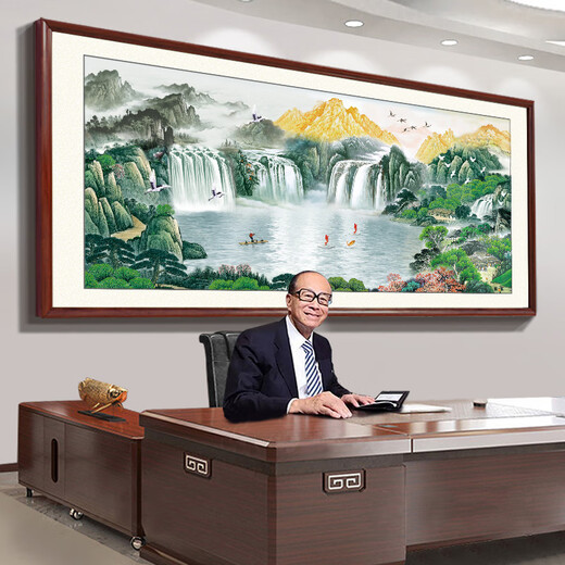 包安装聚宝盆办公室挂画流水生财山水风景国画客厅背景墙装饰靠山 CT-3519山水聚财 长208*86cm[顺丰入户]高清画1