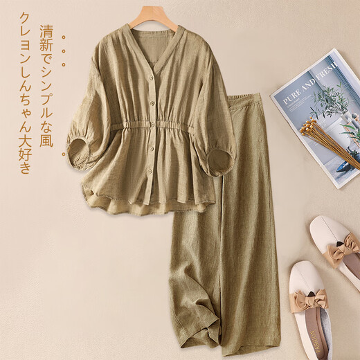 皮尔卡丹（pierre cardin）高端亚麻棉麻套装女士妈妈夏装大码时尚洋气苎麻上衣阔腿裤两件套 马3FC063#6621卡其色上衣 M 【建议95-115斤】