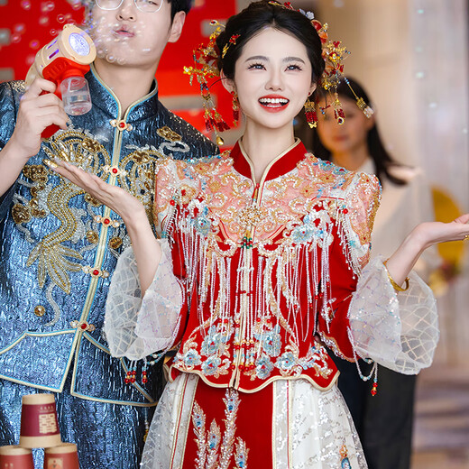 枝己秀禾服婚纱新娘主纱高档2025新款订婚服装新中式结婚礼服敬酒服 LZ541 2XL