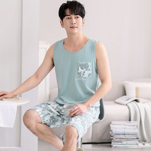 雅鹿睡衣男夏季莫代尔背心短裤家居服夏天薄款无袖男生可外穿套装 M1047灰兰 M 【建议100-120斤】