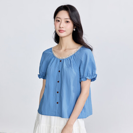 
InMAN French style wood ear short-sleeved shirt for women 2025 summer fashion loose lace round neck pullover shirt Klein Blue XL