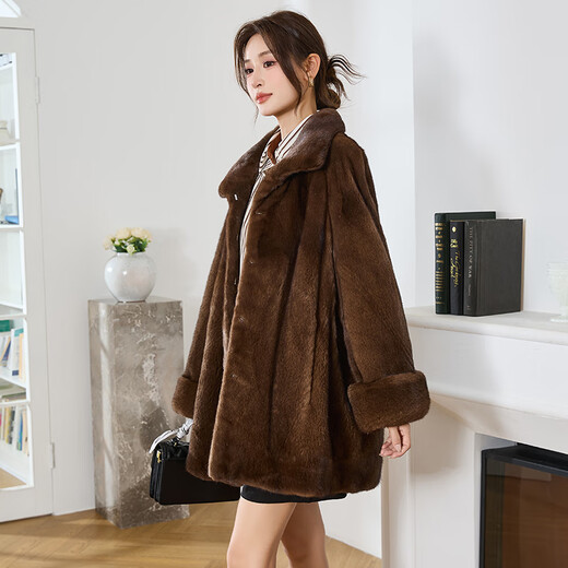 
Winter home brand imported fur mink coat for women's whole mink medium-length vertical lapel mink coat for women's cloak style, brown color, one size 180Jin [Jin equals 0.5 kg] (cloak loose version)