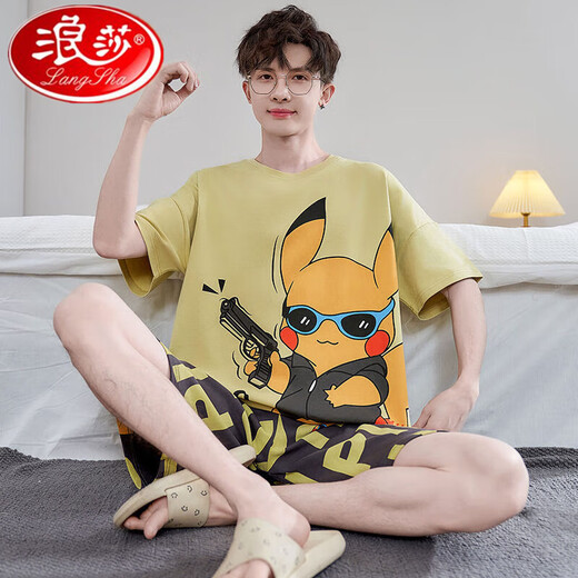 
Langsha men's pajamas summer pure cotton short sleeve shorts thin cartoon cute teenager large size boys' home clothing suit Daimeiya-6627 L small size L code (90-110Jin [Jin equals 0.5 kg])