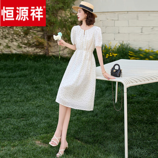 恒源祥复古气质波点连衣裙女2025夏新款时尚优雅百搭显瘦圆领减龄连衣裙 米白 M