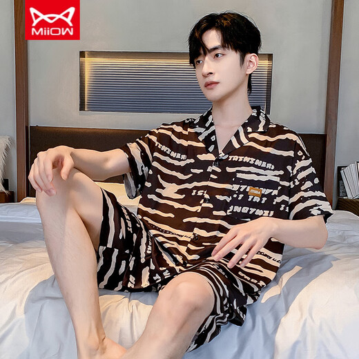 Catman (Miiow) Teenager Herren Pyjamas Sommer Cool Ice Seide Kurzarm Shorts Strickjacke Herren Dünne Lose große Heimkleidung 854# Soft Ice Seide L Männer [Empfohlen 90-120jin [Jin gleich 0,5 kg]]